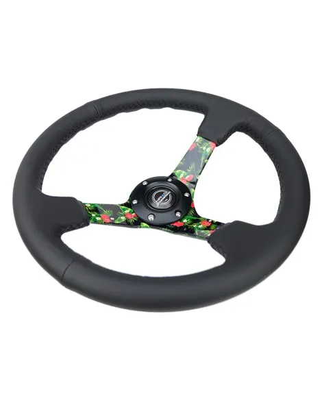 NRG Black Leather w/Tropical Spokes & Black Stitching Deep Dish Steering Wheel 350mm NRG Black Leather w/Tropical Spokes & Black Stitching Deep Dish Steering Wheel 350mm