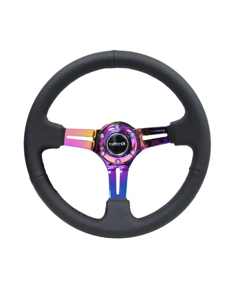 NRG Deep Dish Steering Wheel 350mm Black Leather & Black Stitching w/Neochrome Slits NRG Deep Dish Steering Wheel 350mm Black Leather & Black Stitching w/Neochrome Slits