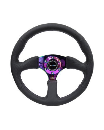 NRG Black Leather Race Deep Dish Reinforced Steering Wheel 350mm w/4mm Neochrome spokes