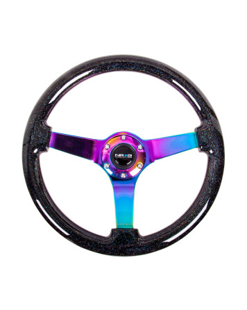 NRG Black Sparkled Wood Grain Deep Dish Steering Wheel 350mm w/3 Neochrome spokes