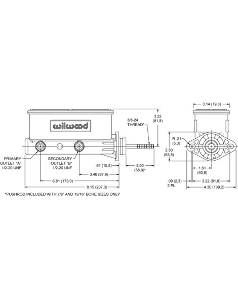 Wilwood 7/8" Aluminium Tandem Master Cylinder Dual Outlet w/ Pushrod Black 260-9439-BK